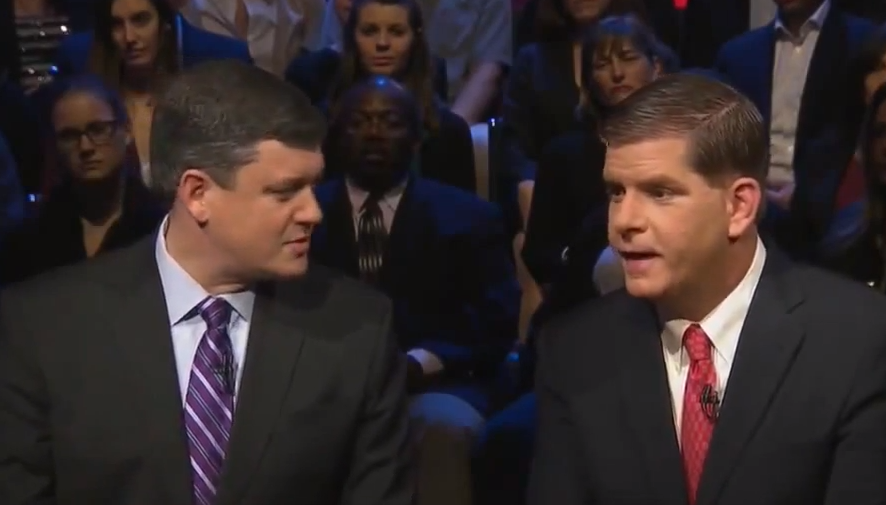 John Connolly, left, and Marty Walsh argue about Connolly's work as a lawyer during last week's WGBH debate.